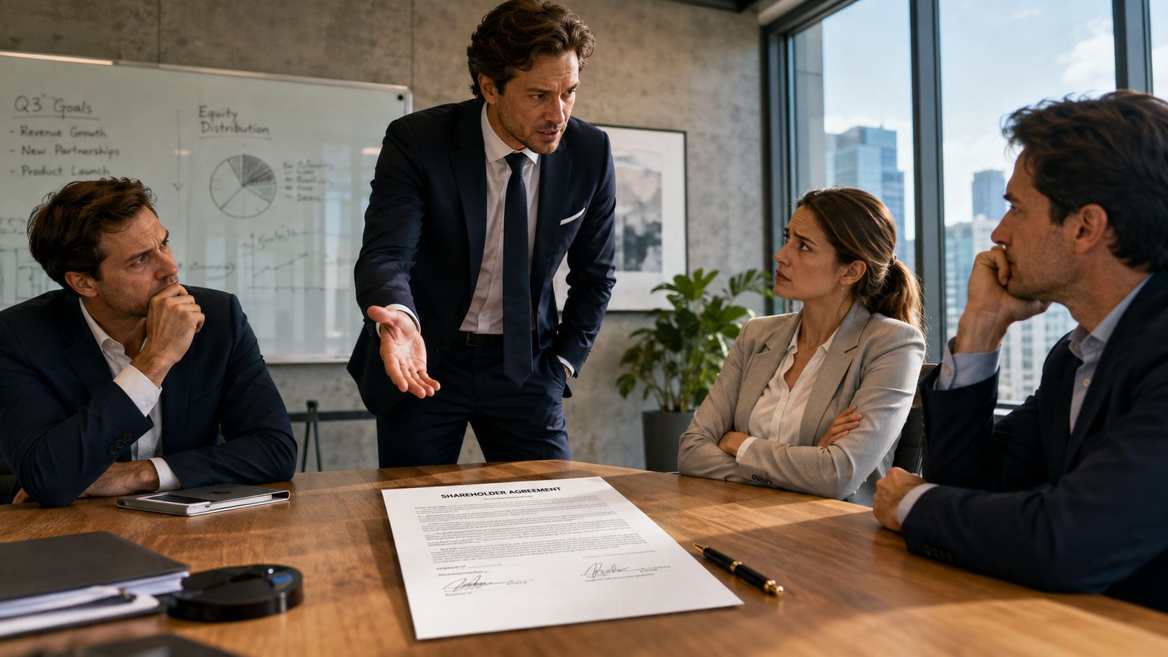 A professional business team having a serious discussion around a shareholder agreement during a boardroom meeting.
