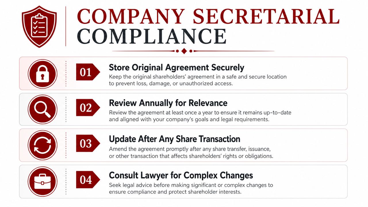 An infographic outlining four essential compliance steps for maintaining a valid and secure shareholders' agreement.