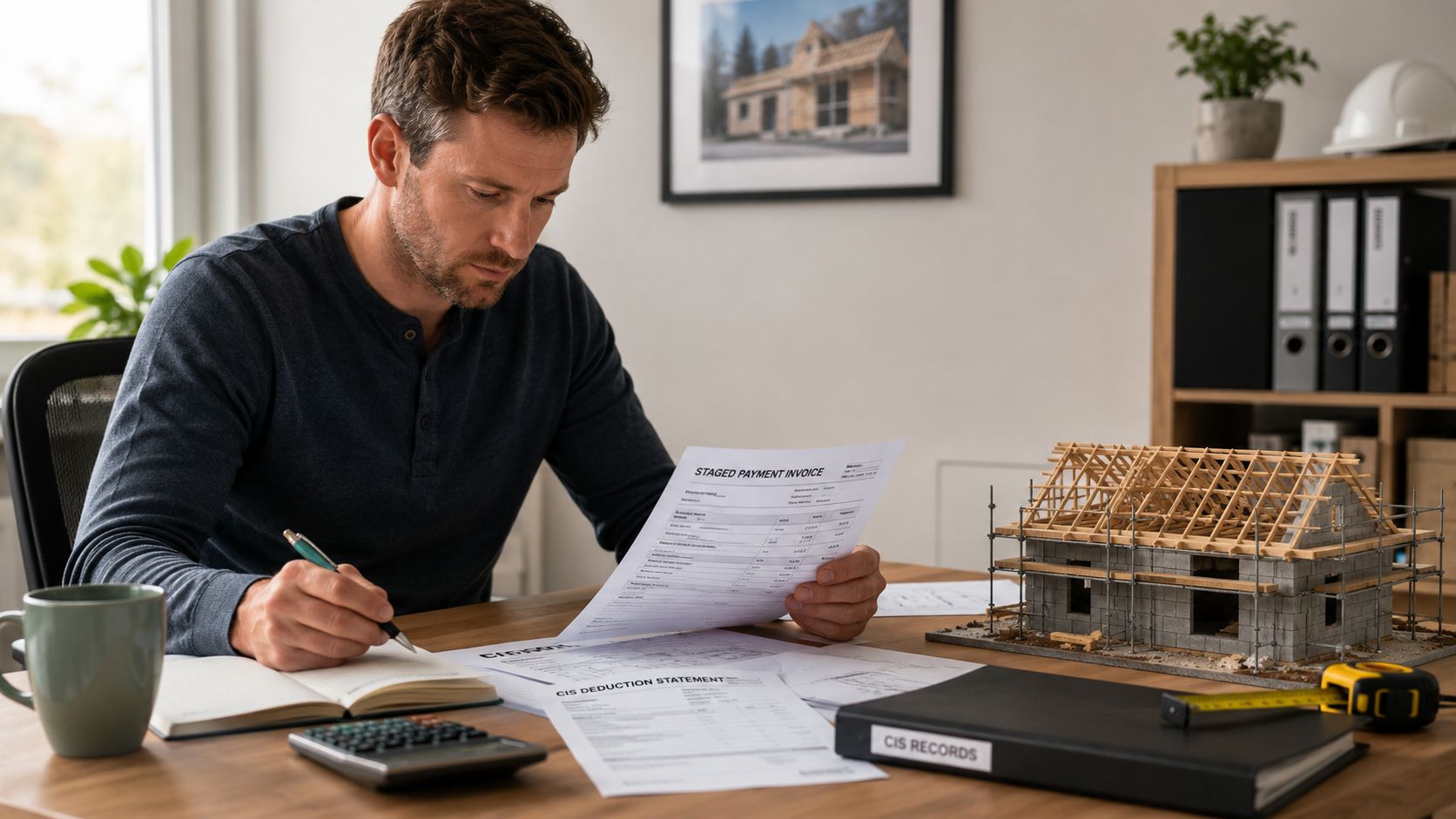 A professional man reviewing construction invoices and CIS records at a desk with a house model.