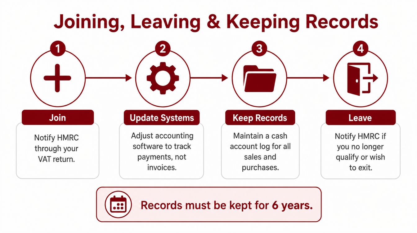 A four-step infographic illustrating the process of joining, updating, keeping records, and leaving the VAT cash accounting scheme.