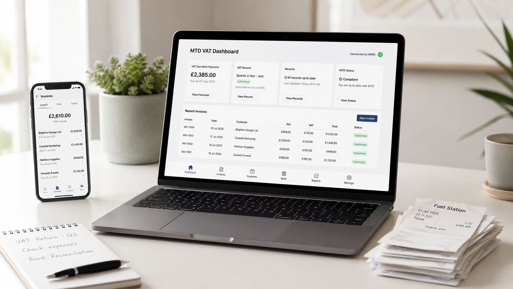 A laptop and smartphone displaying a VAT compliance dashboard on a desk with paperwork and a receipt.