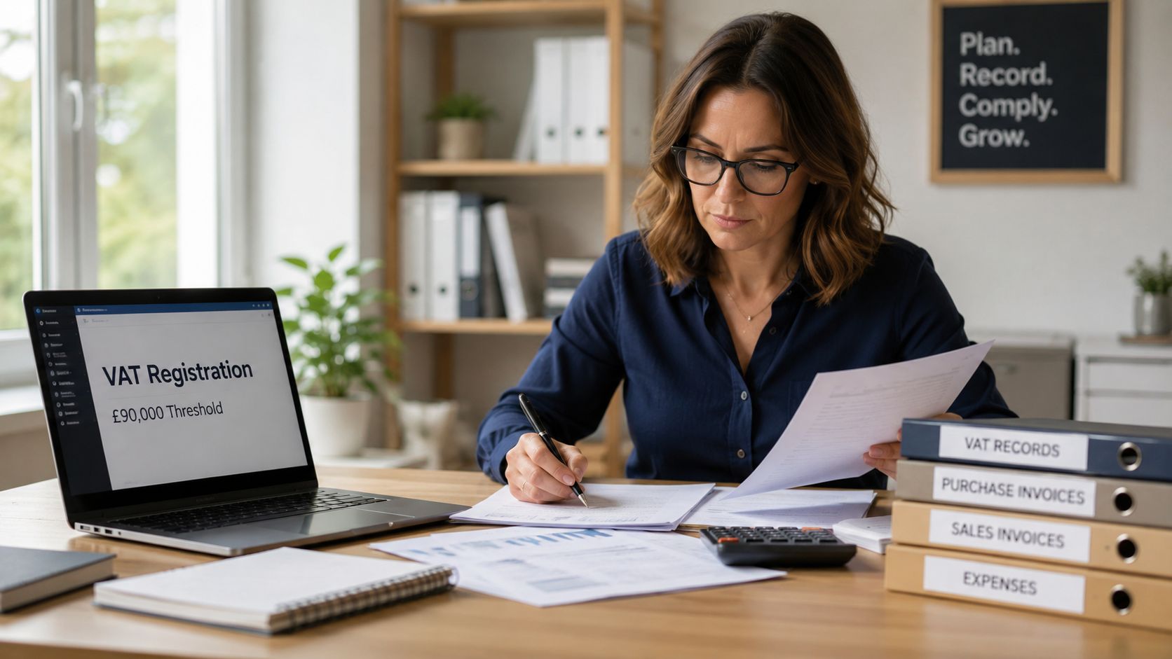 A businesswoman working at her desk while reviewing financial documents for VAT registration requirements.