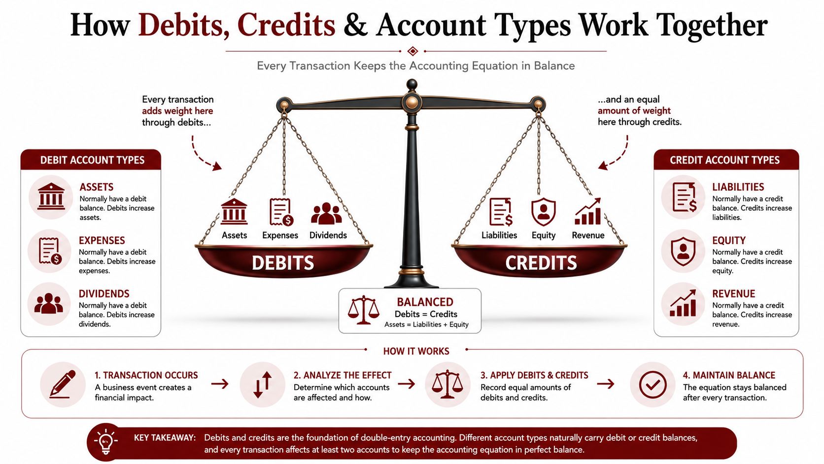 A balanced scale illustration explaining the accounting equation, showing debit and credit account types and how transactions maintain balance.